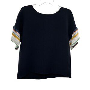 Melloday Women's Short Sleeve Boxy Top Black/Multi Striped Sleeve Size XS